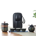 ブラック5点セット（急須×1、湯呑み×3、お茶缶×1）+普通PUレザー収納バッグ