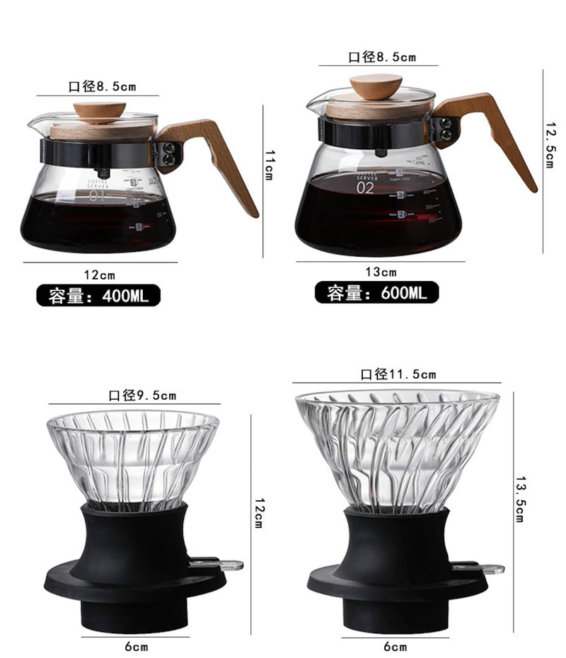 JIKANNOYA コーヒードリッパー ハンドドリップセット コーヒーサーバー 割れない 高ホウ素シリカガラス材料 耐熱ガラス 直火対応 耐寒性 木材 ドリッパー ダイヤモンド 電子レンジ·食洗機対応 コーヒー用品 目盛り付き 洗いやすい 多用途 家用 喫茶店 1~4杯用 AQKF25