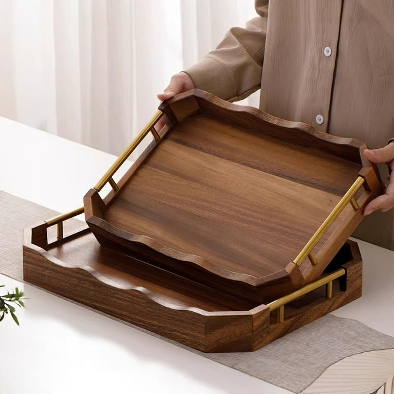 JIKANNOYA トレー トレイ 木製 ウオルナット 長方形 おぼん 大きめ お盆 長手盆 北欧 滑らない 小物入れ 収納 多機能 便利 ランチョン お膳 お茶 食事 定食用 カフェ 家庭用 業務用 キッチン おしゃれ ハンドル 八角 TP31