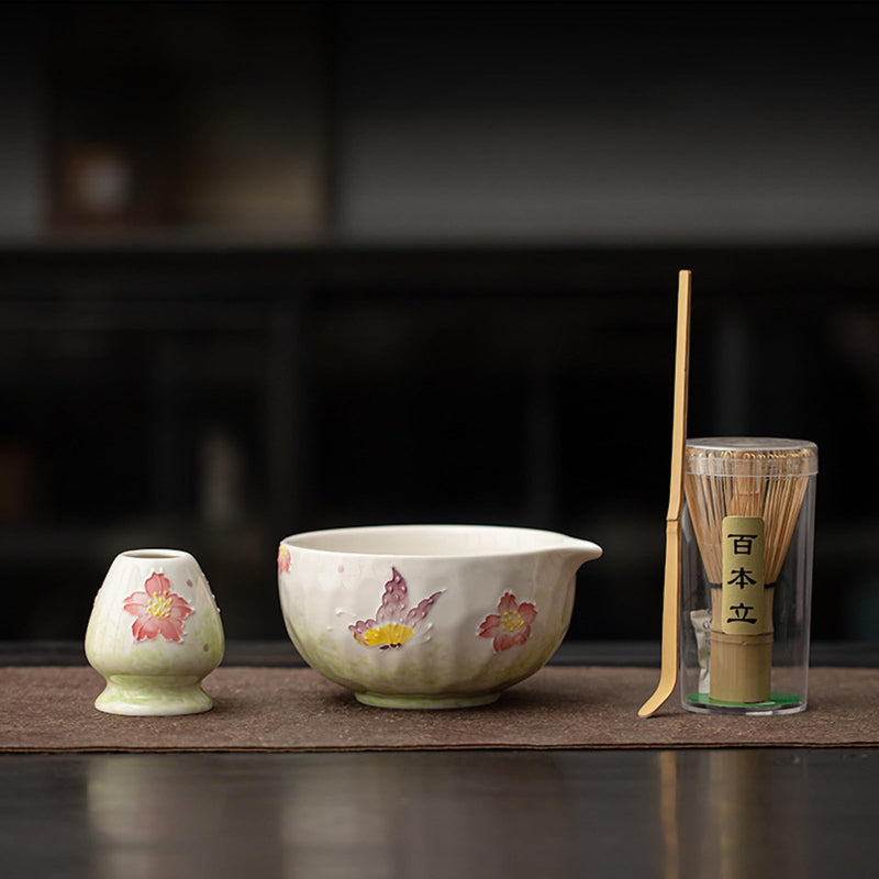 JIKANNOYA 抹茶 セット matcha set 茶道具 4点セット陶器 抹茶茶碗 bowl 茶杓 茶杓立て 茶せん 百本立 whisk 茶筅立て くせ直し 綿茶巾 抹茶篩 お手入れも簡単 初心者 自宅用 ceremony 母の日 父の日 誕生日 贈り物 gift おしゃれ cute 高級 CJ136