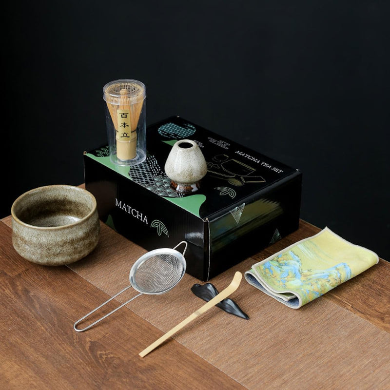 JIKANNOYA 抹茶セット お点前セット 4点セット 茶道具 セット 百本立 茶筅 茶せん 茶筅立て くせ直し 茶杓 お手入れも簡単 おうち時間 初心者さん向け 母の日 誕生日 父の日 贈り物 ホワイト グリーンボックス
