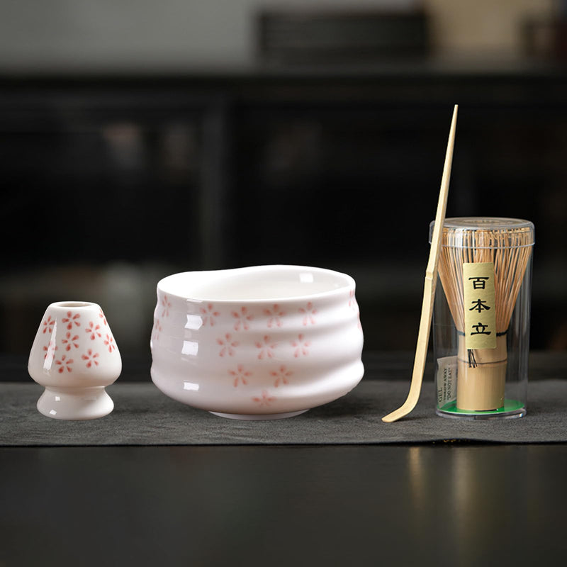 JIKANNOYA 抹茶セット 初心者 お点前セット 茶道具 茶器 セット 4点セット 陶器 抹茶碗 茶杓 茶筅 茶せん 百本立 茶筅立て くせ直し お手入れも簡単 おうち時間グッズ 母の日 父の日 誕生日 贈り物