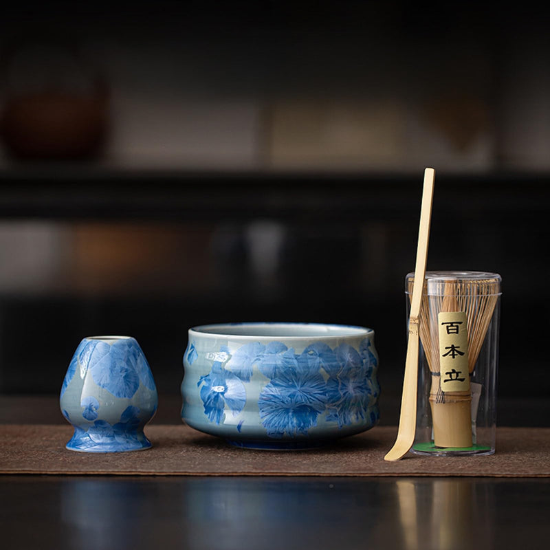 JIKANNOYA 抹茶 セット 抹茶セット 自宅用 茶道具 初心者 お点前セット 抹茶 陶器 抹茶茶碗 茶杓 茶杓立て 茶せん 百本立 茶筅立て くせ直し 綿茶巾 抹茶篩 茶道セット matcha set for beginners お手入れも簡単 母の日 父の日 誕生日 贈り物 おしゃれ 氷花柄 650ml AQCJ104