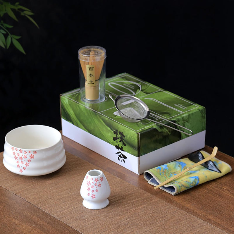 JIKANNOYA 抹茶セット お点前セット 茶道具 セット 7点セット 茶杓 茶筅 茶せん 百本立 茶筅立て くせ直し 抹茶篩 綿茶巾 陶磁器茶杓立て 初心者 お手入れも簡単 母の日 父の日 誕生日 贈り物