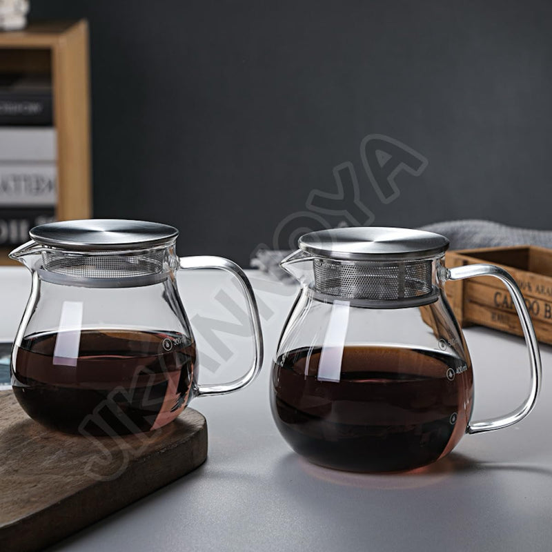 JIKANNOYA コーヒードリッパー ハンドドリップセット コーヒーサーバー 割れない 高ホウ素シリカガラス材料 耐熱ガラス 直火対応 耐寒性 木材 ドリッパー 電子レンジ·食洗機対応 コーヒー用品 目盛り付き 洗いやすい 多用途 家用 喫茶店 1~4杯用 AQKF26