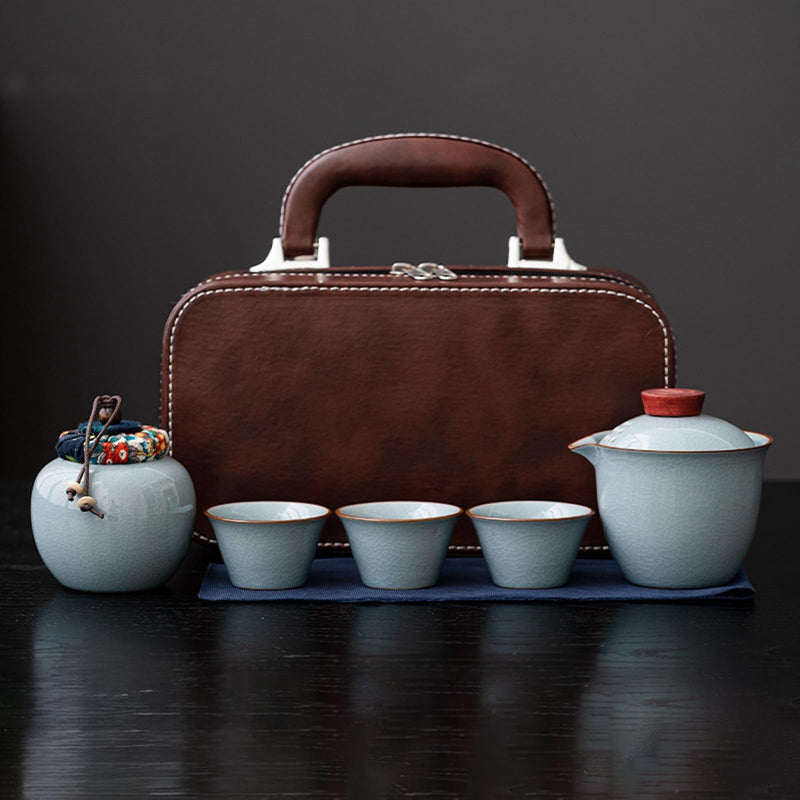 JIKANNOYA 中国茶器セット 茶器 茶具 磁器 湯呑み 急須 セット 携帯 台湾茶器 旅行ティーセット 茶の入れ 携帯用茶具 車載旅行茶器セット 収納バッグ付き 初心者 高級 おしゃれ 軽量 お出かけ用 旅行 お手入れも簡単 母の日 父の日 誕生日 贈り物 汝窯 AQZGCJ07N