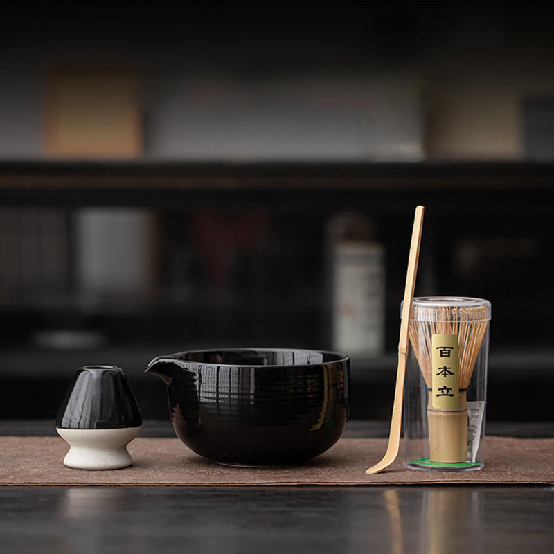 JIKANNOYA 抹茶セット 茶道具 初心者 自宅用 お点前セット 4点セット 茶杓 茶筅 茶せん 百本立 茶筅立て くせ直し 抹茶篩 綿茶巾 陶器茶杓立て お手入れも簡単 母の日 父の日 誕生日 贈り物 おしゃれ AQCJ53
