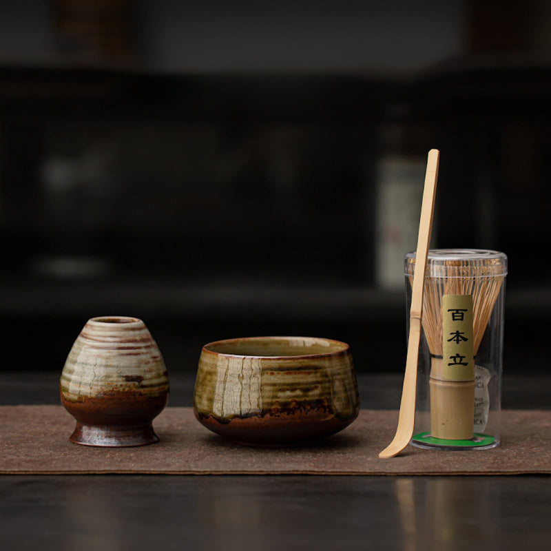 JIKANNOYA 抹茶セット 茶道具 初心者 自宅用 お点前セット 4点セット 茶杓 茶筅 茶せん 百本立 茶筅立て くせ直し 抹茶篩 綿茶巾 陶器茶杓立て お手入れも簡単 母の日 父の日 誕生日 贈り物 おしゃれ AQCJ51