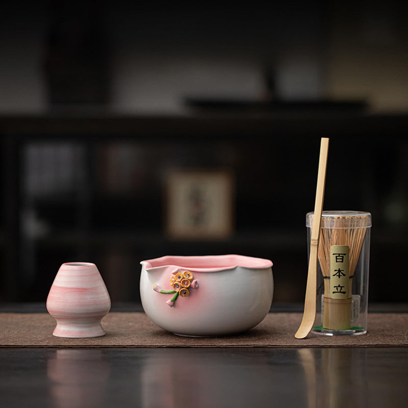 JIKANNOYA 抹茶 セット matcha set 初心者 茶道具 4点セット 陶器 抹茶茶碗 bowl 茶杓 茶せん 百本立 whisk 茶筅立て くせ直し お手入れも簡単 自宅用 ceremony 母の日 父の日 誕生日 贈り物 gift おしゃれ cute 高級 おうち時間グッズ 花 CJ192