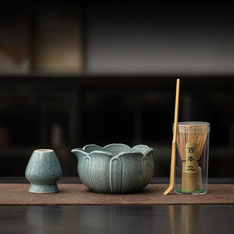 JIKANNOYA 抹茶 セット matcha set 茶道具 4点セット陶器 抹茶茶碗 bowl 茶杓 茶杓立て 茶せん 百本立 whisk 茶筅立て くせ直し 綿茶巾 抹茶篩 お手入れも簡単 初心者 自宅用 ceremony 母の日 父の日 誕生日 贈り物 gift おしゃれ cute 高級 CJ131