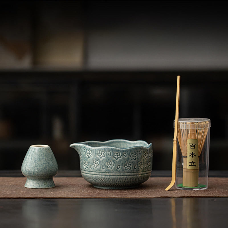 JIKANNOYA 抹茶 セット matcha set 茶道具 4点セット陶器 抹茶茶碗 bowl 茶杓 茶杓立て 茶せん 百本立 whisk 茶筅立て くせ直し 綿茶巾 抹茶篩 お手入れも簡単 初心者 自宅用 ceremony 母の日 父の日 誕生日 贈り物 gift おしゃれ cute 高級 CJ138