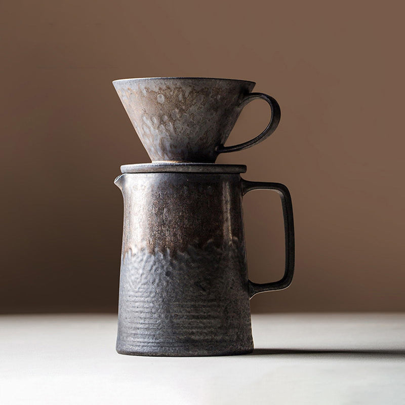 JIKANNOYA コーヒードリッパー コーヒーサーバーセット 450ml 復古 陶磁器製 ハンドドリップセット コーヒーサーバー ドリッパー 電子レンジ·食洗機対応 コーヒー用品 洗いやすい 多用途 家用 喫茶店 プレゼント おしゃれ 1~4杯用 鎏金
