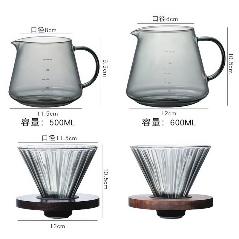 JIKANNOYA コーヒードリッパー ハンドドリップセット コーヒーサーバー 割れない 高ホウ素シリカガラス材料 耐熱ガラス 直火対応 耐寒性 クルミ材 ドリッパー 透明 電子レンジ·食洗機対応 コーヒー用品 使いやすい 洗いやすい 多用途 家用 喫茶店 1~4杯用 500ml グレー