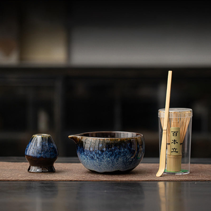 JIKANNOYA 抹茶 セット matcha set 茶道具 4点セット陶器 抹茶茶碗 bowl 茶杓 茶杓立て 茶せん 百本立 whisk 茶筅立て くせ直し 綿茶巾 抹茶篩 お手入れも簡単 初心者 自宅用 ceremony 母の日 父の日 誕生日 贈り物 gift おしゃれ cute 高級 CJ130
