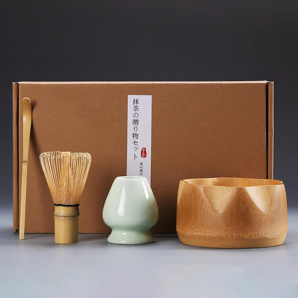 JIKANNOYA 抹茶セット お点前セット 茶道具 セット 4点セット 茶杓 茶筅 茶せん 百本立 茶筅立て くせ直し 初心者 お手入れも簡単 母の日 父の日 誕生日 贈り物 竹製茶碗