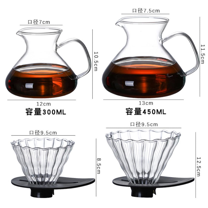 JIKANNOYA コーヒードリッパー ハンドドリップセット コーヒーサーバー 割れない 高ホウ素シリカガラス材料 耐熱ガラス 直火対応 耐寒性 ドリッパー 電子レンジ·食洗機対応 コーヒー用品 洗いやすい 多用途 家用 喫茶店 透明 大きなお腹 ポット 1~2杯用 300ml