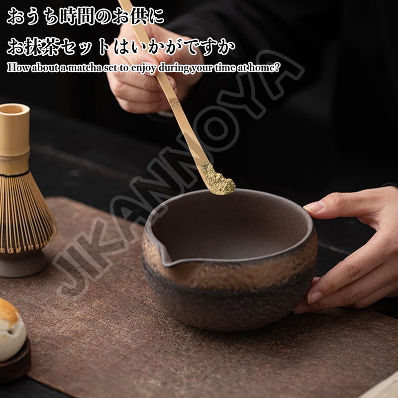 JIKANNOYA 抹茶セット 茶道具 初心者 自宅用 お点前セット 4点セット 茶杓 茶筅 茶せん 百本立 茶筅立て くせ直し 抹茶篩 綿茶巾 陶器茶杓立て お手入れも簡単 母の日 父の日 誕生日 贈り物 侘寂 レトロ 鎏金 AQCJ49
