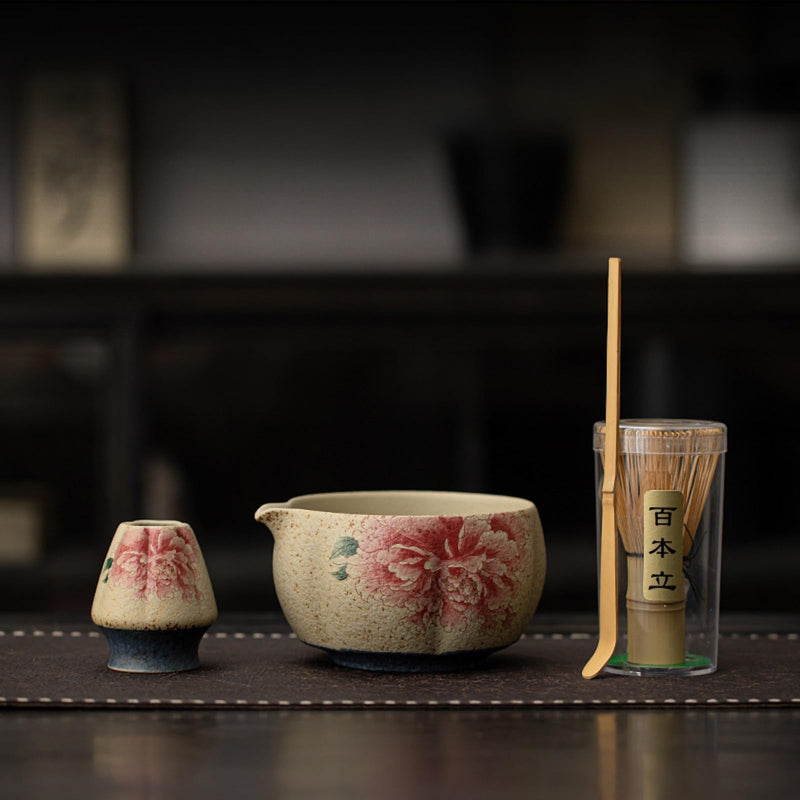 JIKANNOYA 抹茶 セット matcha set 茶道具 4点セット陶器 抹茶茶碗 bowl 茶杓 茶杓立て 茶せん 百本立 whisk 茶筅立て くせ直し 綿茶巾 抹茶篩 お手入れも簡単 初心者 自宅用 ceremony 母の日 父の日 誕生日 贈り物 gift おしゃれ cute 高級 CJ147