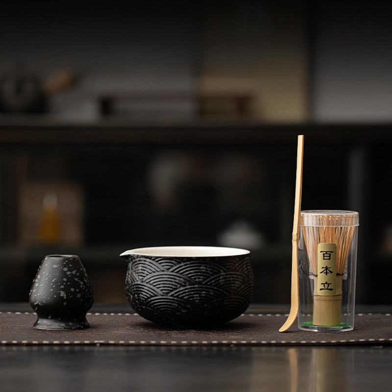JIKANNOYA 抹茶 セット matcha set 初心者 茶道具 4点セット 陶器 抹茶茶碗 bowl 茶杓 茶せん 百本立 whisk 茶筅立て くせ直し お手入れも簡単 自宅用 ceremony 母の日 父の日 誕生日 贈り物 gift おしゃれ cute 高級 おうち時間グッズ 青海波模様 CJ230