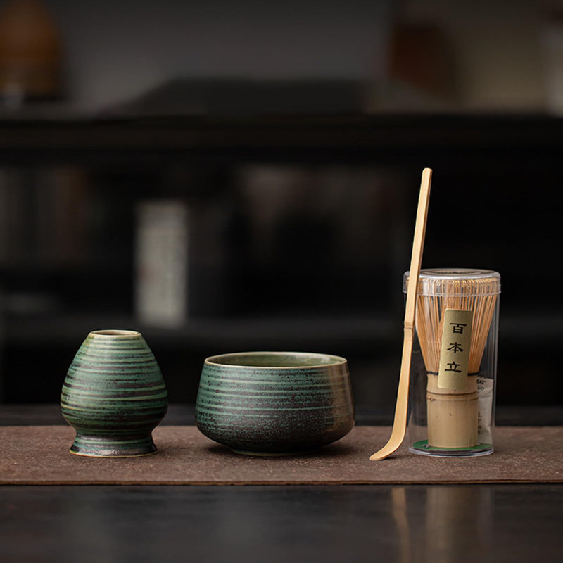 JIKANNOYA 抹茶セット 茶道具 初心者 自宅用 お点前セット 4点セット 茶杓 茶筅 茶せん 百本立 茶筅立て くせ直し 抹茶篩 綿茶巾 陶器茶杓立て お手入れも簡単 母の日 父の日 誕生日 贈り物 おしゃれ AQCJ51