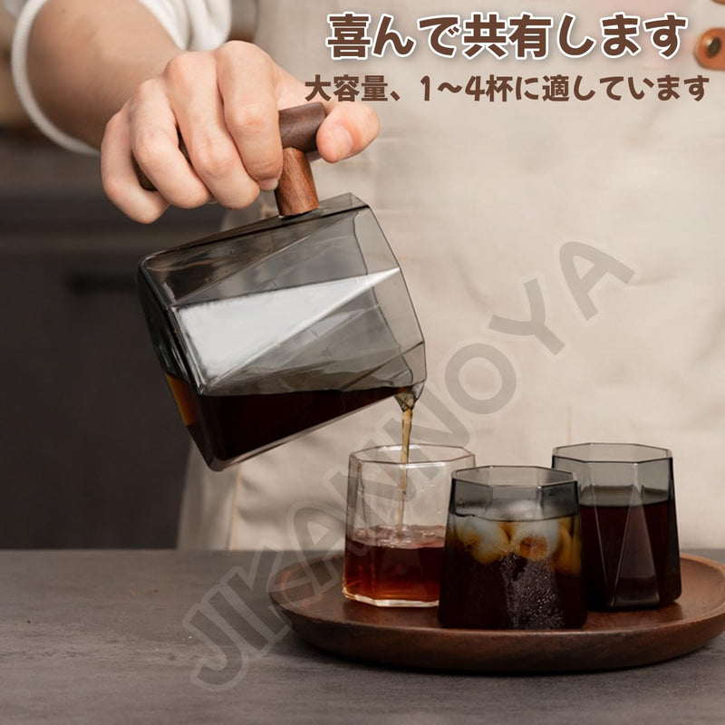 JIKANNOYA コーヒーポット 割れない 高ホウ素シリカガラス材料 耐熱ガラス 直火対応 耐寒性 八角 ハンドル付き ウォールナットハンドル コーヒーサーバー 透明 電子レンジ 食洗機対応 コーヒー用品 使いやすい 洗いやすい 多用途 家用 喫茶店 1~4杯用 450ml AQKF27