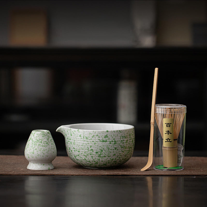 JIKANNOYA 抹茶セット 茶道具 初心者 自宅用 お点前セット 4点セット 茶杓 茶筅 茶せん 百本立 茶筅立て くせ直し 抹茶篩 綿茶巾 陶器茶杓立て お手入れも簡単 母の日 父の日 誕生日 贈り物 おしゃれ AQCJ50