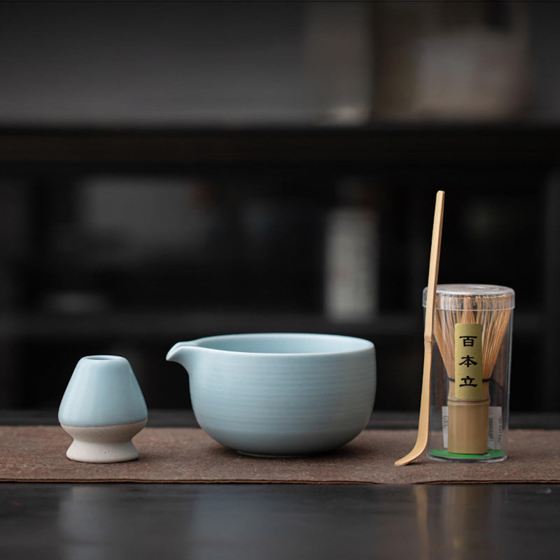 JIKANNOYA 抹茶セット 茶道具 初心者 自宅用 お点前セット 4点セット 茶杓 茶筅 茶せん 百本立 茶筅立て くせ直し 抹茶篩 綿茶巾 陶器茶杓立て お手入れも簡単 母の日 父の日 誕生日 贈り物 おしゃれ AQCJ52