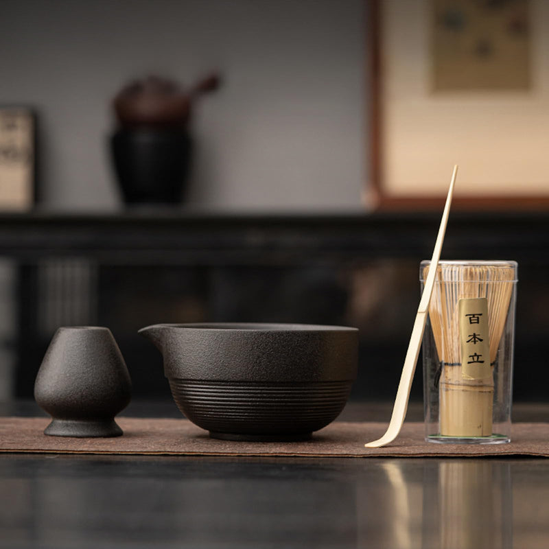 JIKANNOYA 茶道具 セット お点前セット 抹茶セット 4点セット 茶杓 茶筅 茶せん 百本立 茶筅立て くせ直し 初心者 抹茶スターター おうち時間グッズ お手入れも簡単 母の日 父の日 誕生日 贈り物