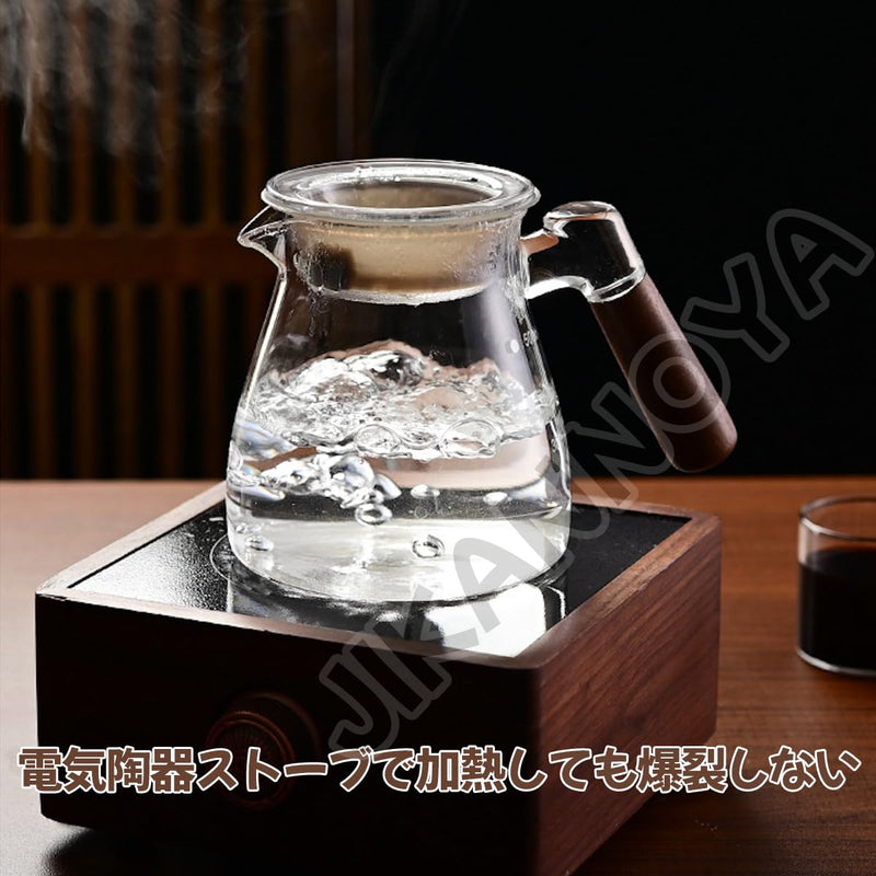JIKANNOYA コーヒードリッパー ハンドドリップセット コーヒーサーバー 割れない 高ホウ素シリカガラス材料 耐熱ガラス 直火対応 耐寒性 蓋付き 木製ハンドル ドリッパー 電子レンジ·食洗機対応 コーヒー用品 目盛り付き 洗いやすい 多用途 家用 喫茶店 1~4杯用 AQKF28N