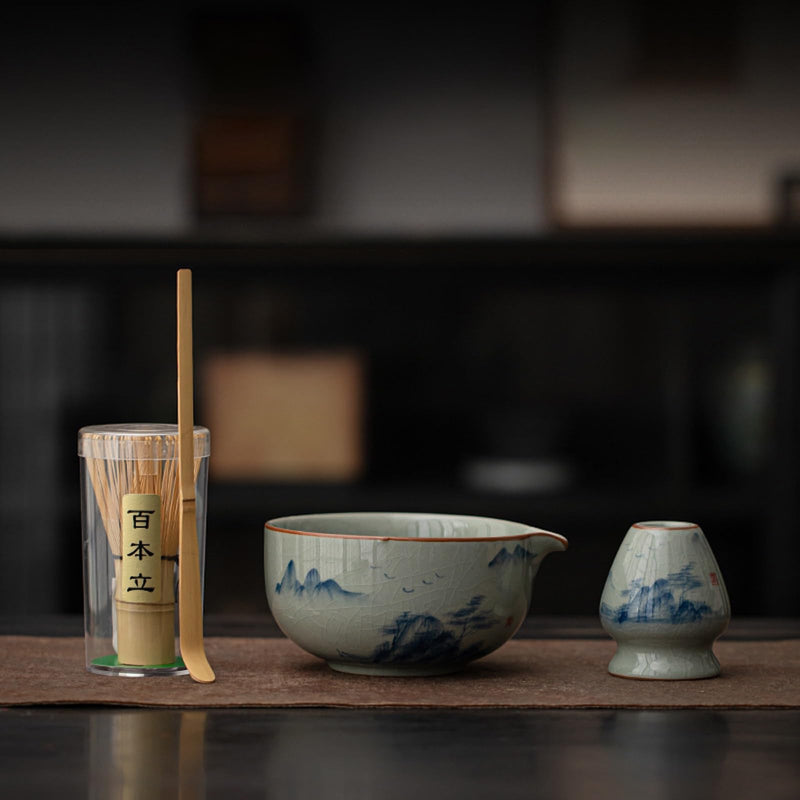 JIKANNOYA 抹茶 セット matcha set 茶道具 4点セット陶器 抹茶茶碗 bowl 茶杓 茶せん 百本立 whisk 茶筅立て くせ直し お手入れも簡単 初心者 自宅用 ceremony 母の日 父の日 誕生日 贈り物 gift おしゃれ cute 高級 おうち時間グッズ 汝窯 CJ153