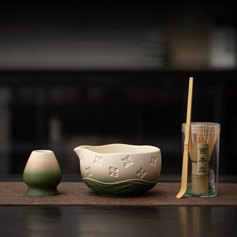 JIKANNOYA 抹茶 セット matcha set 茶道具 4点セット陶器 抹茶茶碗 bowl 茶杓 茶杓立て 茶せん 百本立 whisk 茶筅立て くせ直し 綿茶巾 抹茶篩 お手入れも簡単 初心者 自宅用 ceremony 母の日 父の日 誕生日 贈り物 gift おしゃれ cute 高級 CJ137