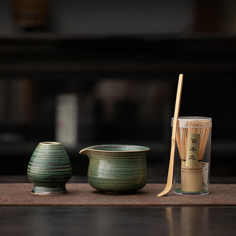 JIKANNOYA 抹茶セット 茶道具 初心者 自宅用 お点前セット 4点セット 茶杓 茶筅 茶せん 百本立 茶筅立て くせ直し 抹茶篩 綿茶巾 陶器茶杓立て お手入れも簡単 母の日 父の日 誕生日 贈り物 おしゃれ レトロ AQCJ54