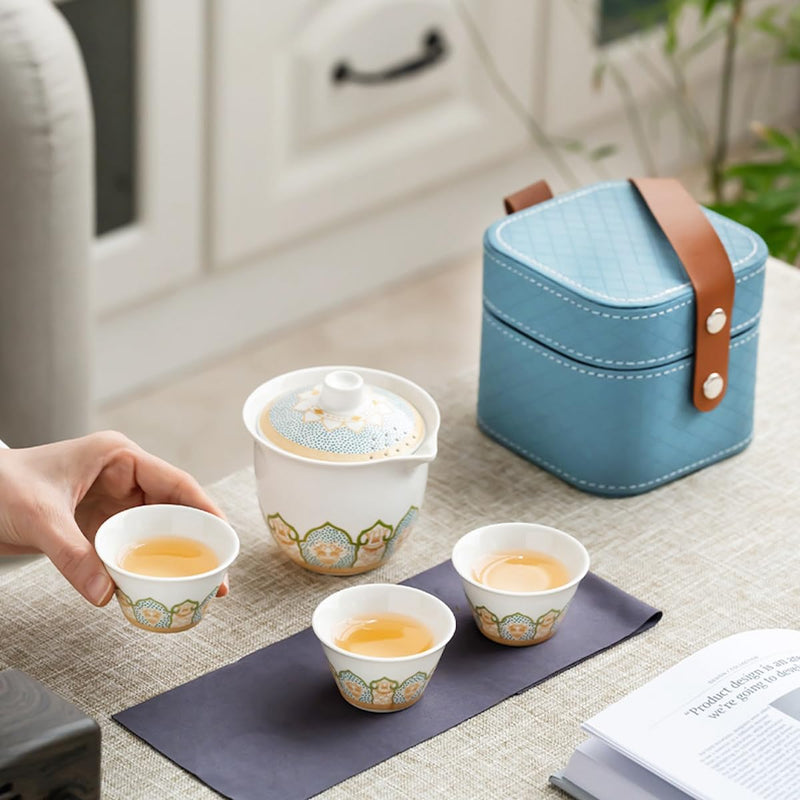 JIKANNOYA 中国茶器セット 茶器 茶具 磁器 湯呑み 急須 セット 携帯 台湾茶器 旅行ティーセット 茶の入れ 携帯用茶具 車載旅行茶器セット 収納バッグ付き 初心者 高級 おしゃれ 軽量 お出かけ用 旅行 お手入れも簡単 母の日 父の日 誕生日 贈り物 AQZGCJ05