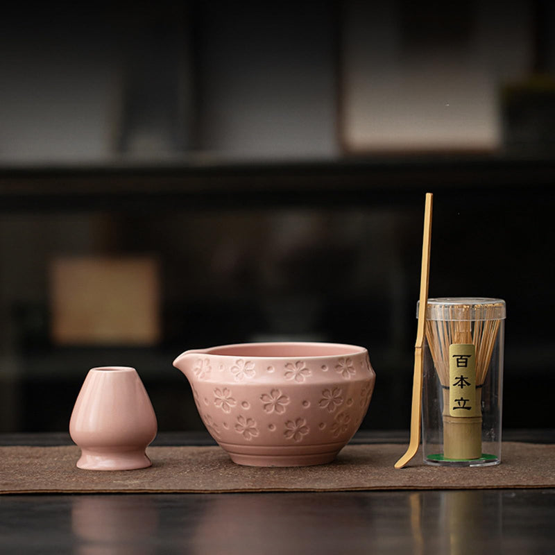 JIKANNOYA 抹茶 セット matcha set 茶道具 4点セット 抹茶茶碗 bowl 茶杓 茶せん 百本立 whisk 茶筅立て くせ直し お手入れも簡単 初心者 自宅用 ceremony 母の日 父の日 誕生日 贈り物 gift 持ち運び おしゃれ cute 高級 おうち時間グッズ 桜 CJ174