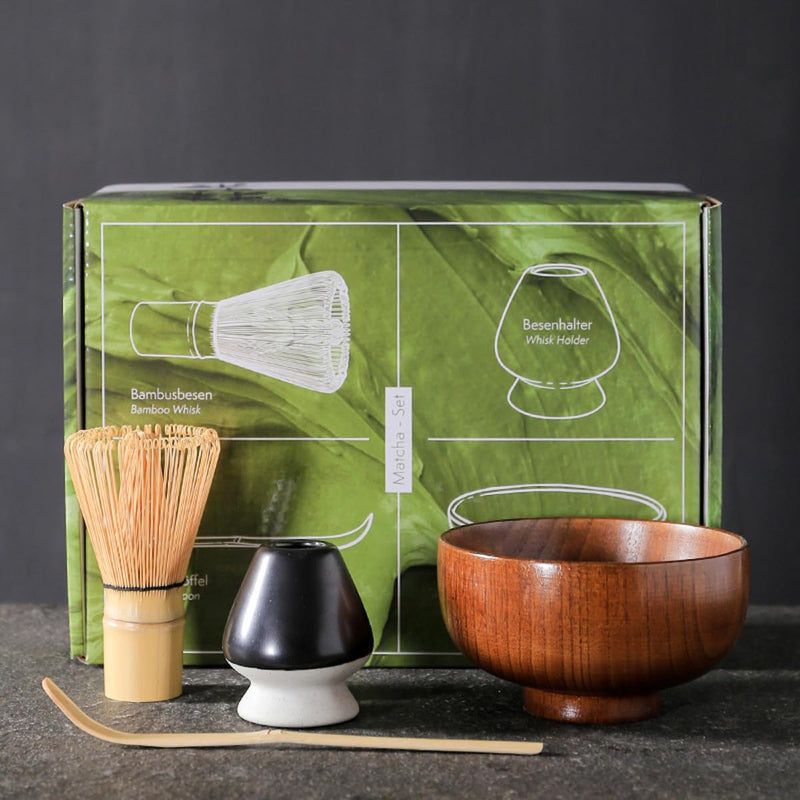 JIKANNOYA 抹茶セット お点前セット 4点セット 茶道具 セット 木製茶碗 百本立 茶筅 茶せん 茶筅立て くせ直し 茶杓 お手入れも簡単 おうち時間 初心者さん向け 母の日 誕生日 父の日 贈り物