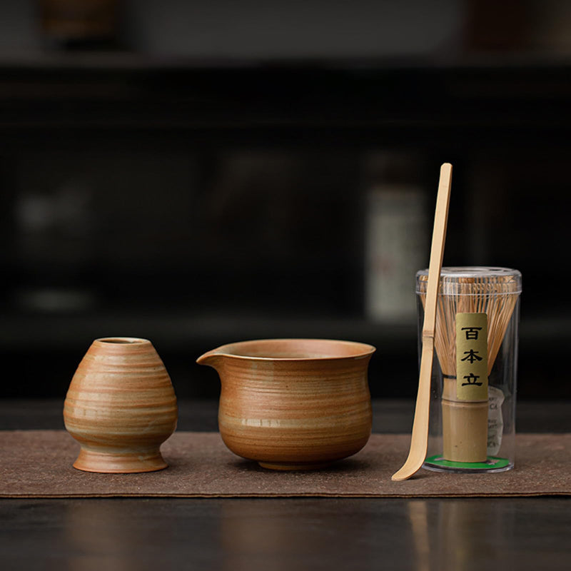 JIKANNOYA 抹茶セット 茶道具 初心者 自宅用 お点前セット 4点セット 茶杓 茶筅 茶せん 百本立 茶筅立て くせ直し 抹茶篩 綿茶巾 陶器茶杓立て お手入れも簡単 母の日 父の日 誕生日 贈り物 おしゃれ レトロ AQCJ54