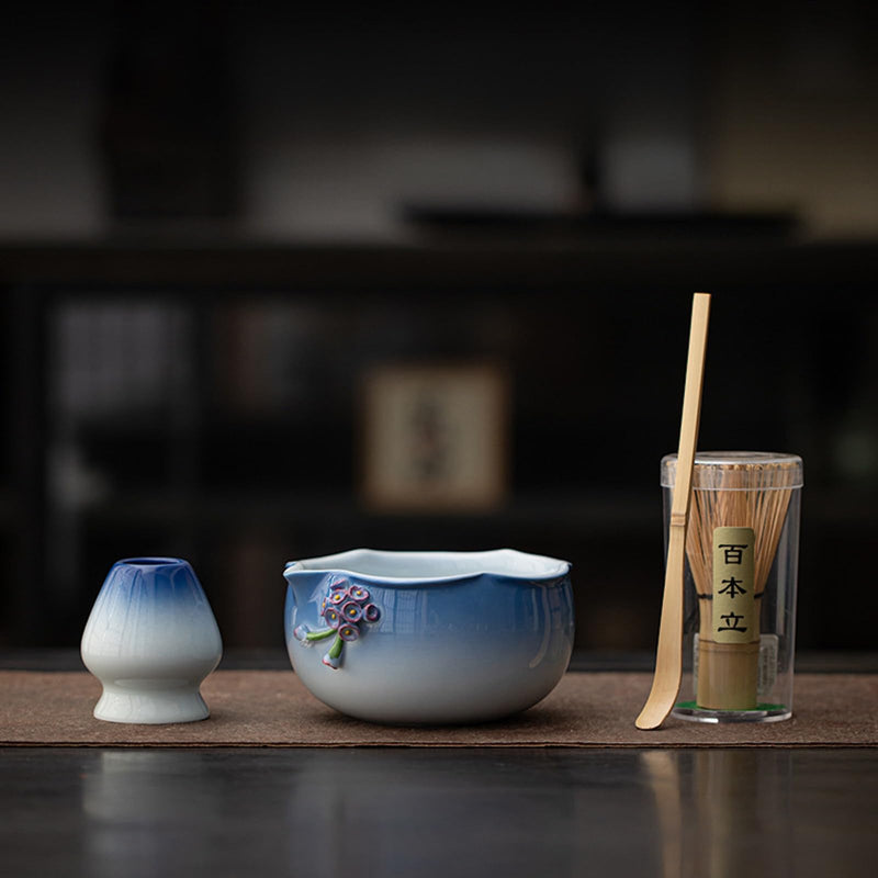 JIKANNOYA 抹茶 セット matcha set 初心者 茶道具 4点セット 陶器 抹茶茶碗 bowl 茶杓 茶せん 百本立 whisk 茶筅立て くせ直し お手入れも簡単 自宅用 ceremony 母の日 父の日 誕生日 贈り物 gift おしゃれ cute 高級 おうち時間グッズ 花 CJ192
