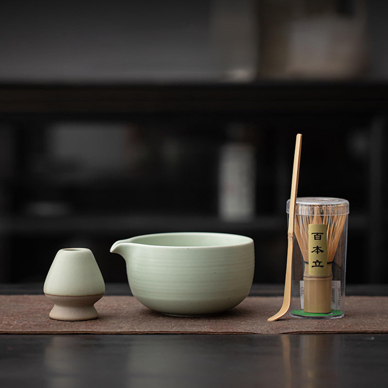 JIKANNOYA 抹茶セット 茶道具 初心者 自宅用 お点前セット 4点セット 茶杓 茶筅 茶せん 百本立 茶筅立て くせ直し 抹茶篩 綿茶巾 陶器茶杓立て お手入れも簡単 母の日 父の日 誕生日 贈り物 おしゃれ AQCJ52