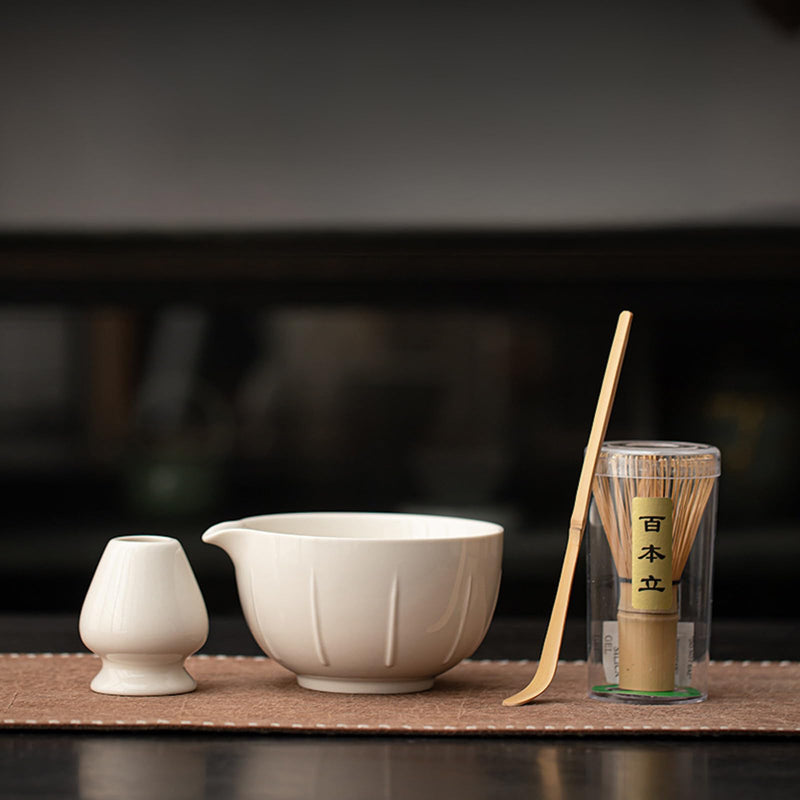 JIKANNOYA 抹茶セット 茶道具 初心者 自宅用 お点前セット matcha set 茶道 茶器 茶杓 茶筅 茶せん 百本立 茶筅立て くせ直し 抹茶篩 綿茶巾 陶器茶杓立て お手入れも簡単 持ち運び アウトドア 母の日 父の日 誕生日 贈り物 人気 おしゃれ 4点セット AQCJ72