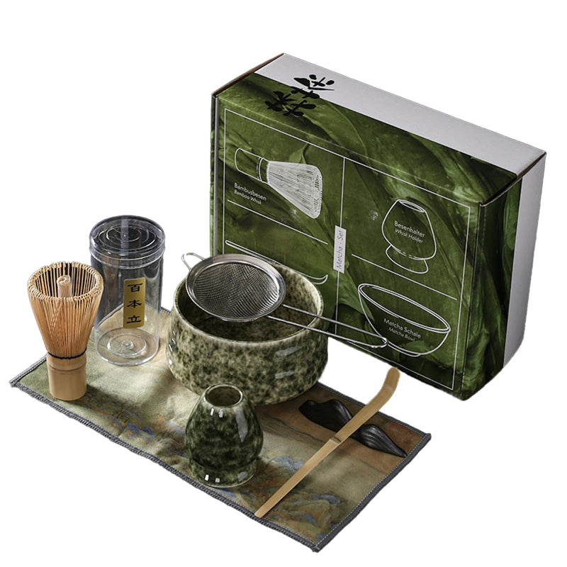 JIKANNOYA 抹茶セット お点前セット 茶道具 セット 7点セット 茶杓 茶筅 茶せん 百本立 茶筅立て くせ直し 抹茶篩 綿茶巾 陶磁器茶杓立て 初心者 お手入れも簡単 母の日 父の日 誕生日 贈り物