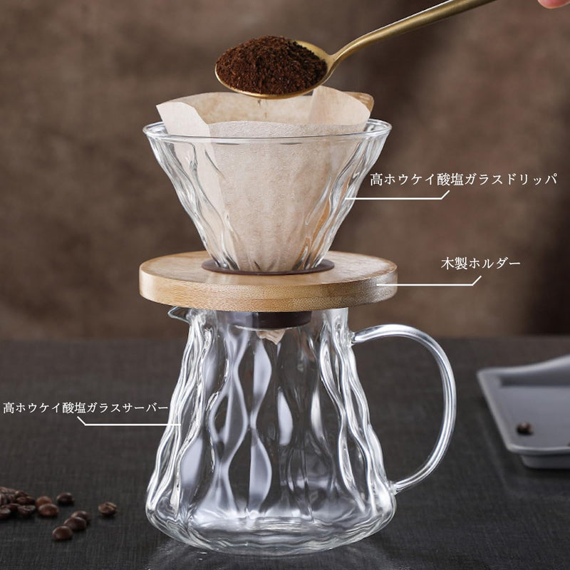 JIKANNOYA コーヒードリッパー ハンドドリップセット コーヒーサーバー 割れない 高ホウ素シリカガラス材料 耐熱ガラス 直火対応 耐寒性 クルミ材 ドリッパー 透明 電子レンジ·食洗機対応 コーヒー用品 使いやすい 洗いやすい 多用途 家用 喫茶店 1~4杯用 500ml グレー