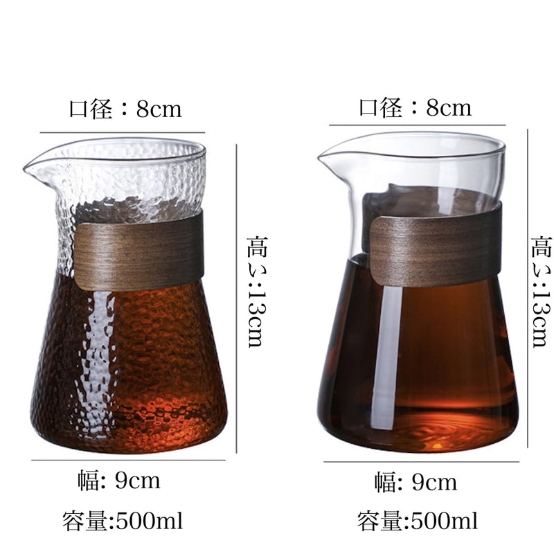 JIKANNOYA コーヒーポット 割れない 高ホウ素シリカガラス材料 耐熱ガラス 直火対応 耐寒性 クルミ材 コーヒーサーバー 透明 電子レンジ 食洗機対応 コーヒー用品 使いやすい 洗いやすい 多用途 家用 喫茶店 1~3杯用 500ml