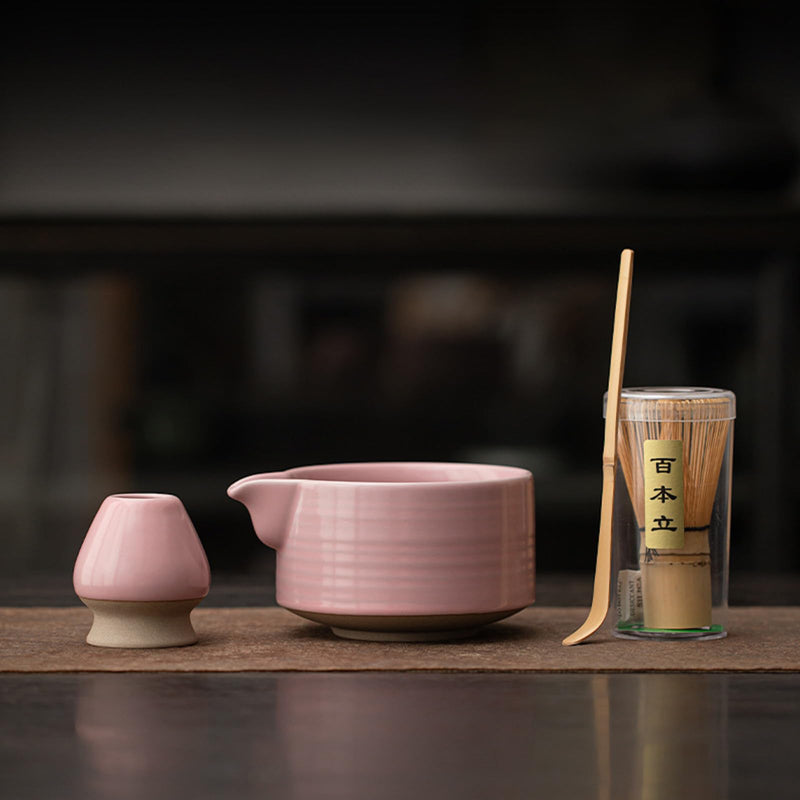 JIKANNOYA 抹茶セット 茶道具 初心者 自宅用 お点前セット 4点セット matcha set 茶杓 茶筅 茶せん 百本立 茶筅立て くせ直し 抹茶篩 綿茶巾 陶器茶杓立て お手入れも簡単 母の日 父の日 誕生日 贈り物 おしゃれ ピンク AQCJ77