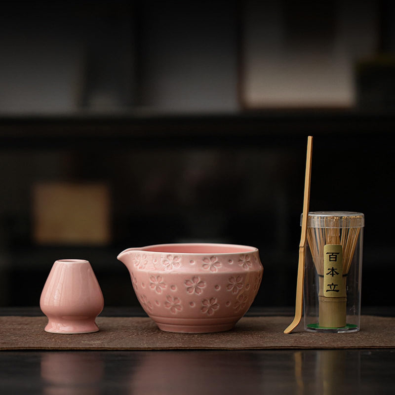 JIKANNOYA 抹茶 セット matcha set 茶道具 4点セット 抹茶茶碗 bowl 茶杓 茶せん 百本立 whisk 茶筅立て くせ直し お手入れも簡単 初心者 自宅用 ceremony 母の日 父の日 誕生日 贈り物 gift 持ち運び おしゃれ cute 高級 おうち時間グッズ 桜 CJ174
