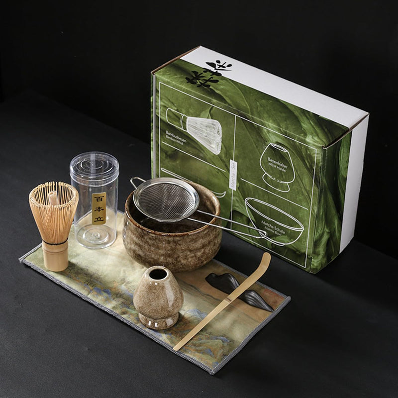 JIKANNOYA 抹茶セット お点前セット 4点セット 茶道具 セット 百本立 茶筅 茶せん 茶筅立て くせ直し 茶杓 お手入れも簡単 おうち時間 初心者さん向け 母の日 誕生日 父の日 贈り物 ホワイト グリーンボックス
