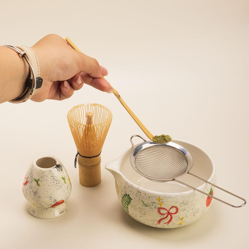 JIKANNOYA 抹茶セット 抹茶 セット 自宅用 茶道具 初心者 お点前セット 抹茶 陶器 抹茶茶碗 茶杓 ネコ茶杓立て 茶せん 百本立 茶筅立て くせ直し 綿茶巾 抹茶篩 茶道セット matcha set for beginners お手入れも簡単 母の日 父の日 誕生日 贈り物 おしゃれ 8点セット 580ml CJ151