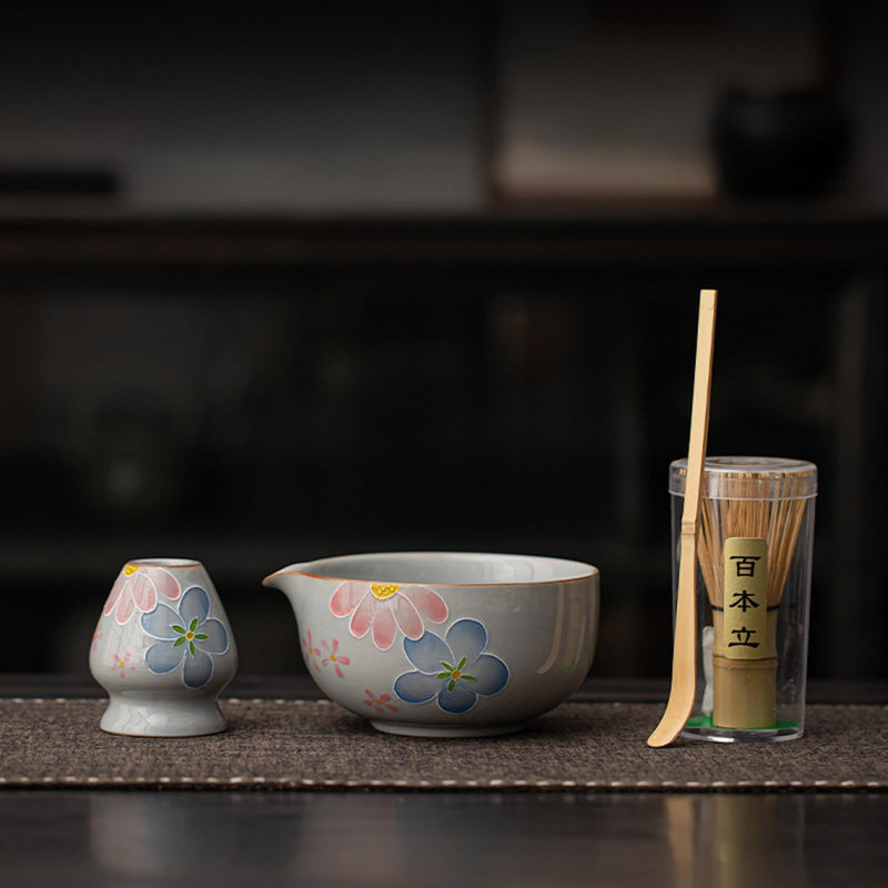 JIKANNOYA 抹茶 セット matcha set 茶道具 4点セット 抹茶茶碗 bowl 茶杓 茶せん 百本立 whisk 茶筅立て くせ直し お手入れも簡単 初心者 自宅用 ceremony 母の日 父の日 誕生日 贈り物 gift 持ち運び おしゃれ cute 高級 おうち時間グッズ 花 CJ177