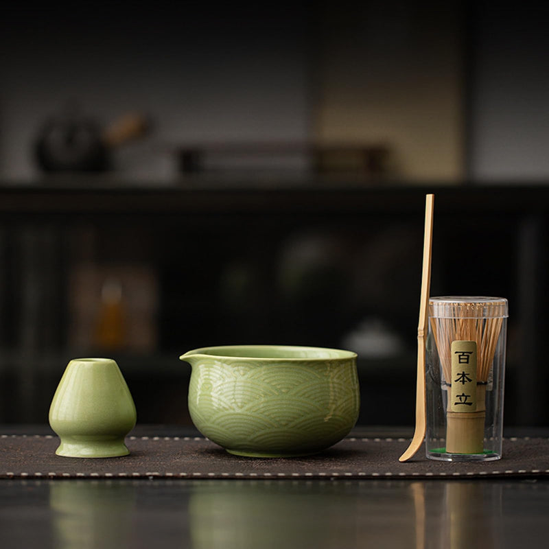 JIKANNOYA 抹茶 セット matcha set 初心者 茶道具 4点セット 陶器 抹茶茶碗 bowl 茶杓 茶せん 百本立 whisk 茶筅立て くせ直し お手入れも簡単 自宅用 ceremony 母の日 父の日 誕生日 贈り物 gift おしゃれ cute 高級 おうち時間グッズ 青海波模様 CJ230