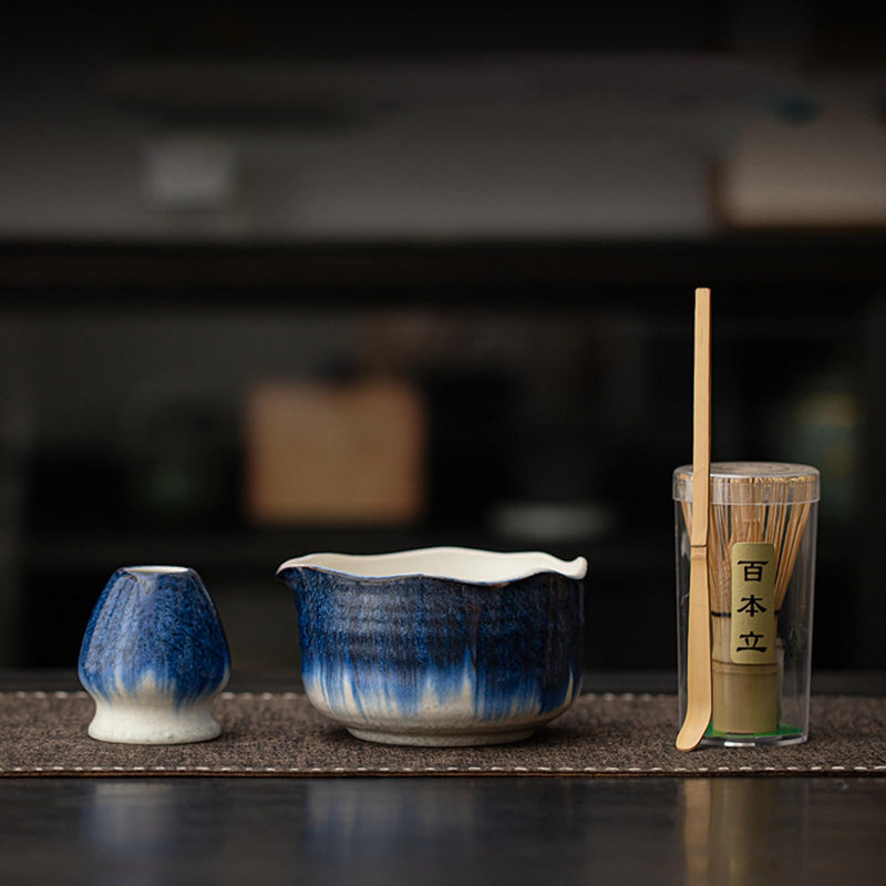 JIKANNOYA 抹茶 セット matcha set 茶道具 4点セット陶器 抹茶茶碗 bowl 茶杓 茶せん 百本立 whisk 茶筅立て くせ直し お手入れも簡単 初心者 自宅用 ceremony 母の日 父の日 誕生日 贈り物 gift おしゃれ cute 高級 おうち時間グッズ 氷裂貫入釉薬シリーズ CJ161
