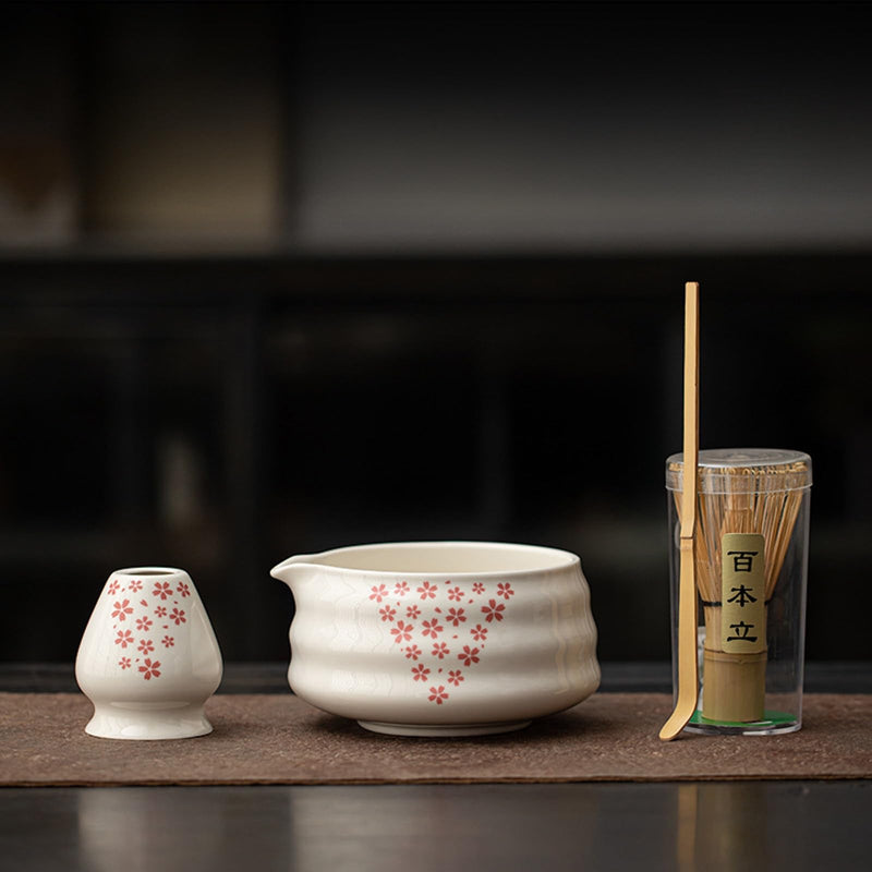 JIKANNOYA 抹茶 セット matcha set 茶道具 4点セット 抹茶茶碗 bowl 茶杓 茶せん 百本立 whisk 茶筅立て くせ直し お手入れも簡単 初心者 自宅用 ceremony 母の日 父の日 誕生日 贈り物 gift 持ち運び おしゃれ cute 高級 おうち時間グッズ 桜 CJ179